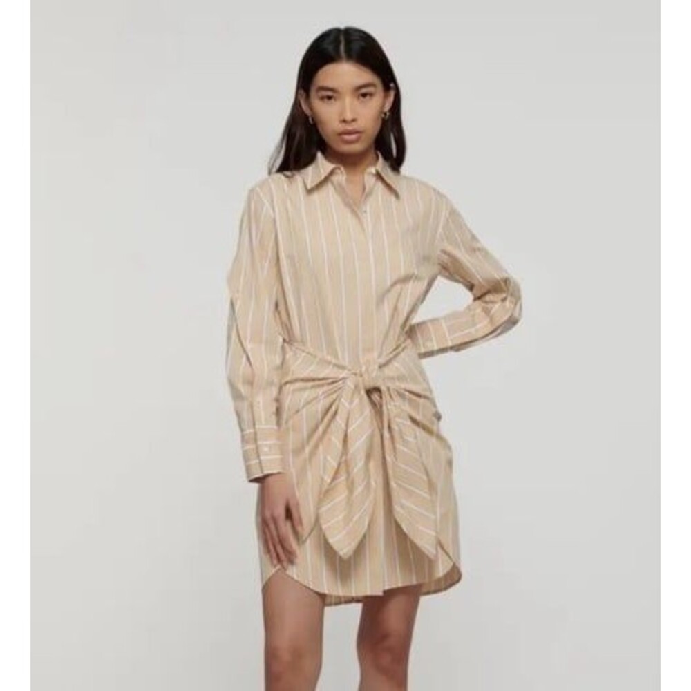 Derek Lam 10 Crosby Sz 0 Charlotte Dress Wrap Tie Button Up Beige White Stripes